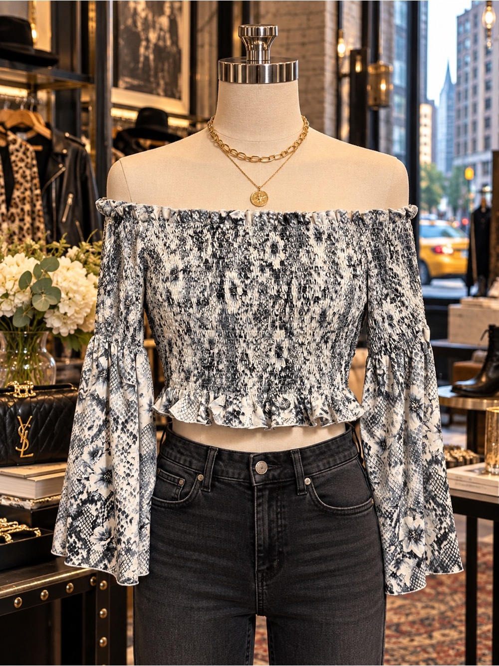 She & Sky Off-Shoulder Smocked Floral Crop Top in Black & White